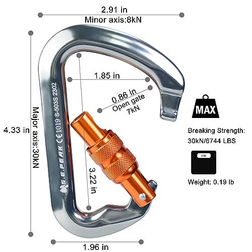 SEPEAK UIAA 30kN Locking Climbing Carabiner, Professional Heavy Duty Screwgate Clip for Outdoor Climbing, Mountaineering, Rappelling, Camping, Hiking, Swing,Large D Carabiner Hook/6744lb
