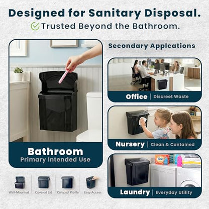 Alpine Sanitary Napkin Receptacle - Feminine Hygiene Disposal Container, Wall Mounted Trash Can with Odor Control Seal & Installation Hardware (Black) - color: Black