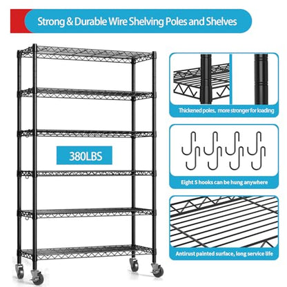 Hodonas 2300LBS Wire Shelving Unit with Wheels, Black, 36"W x 14"D x 75"H
