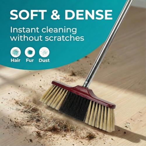 HELOMOR Indoor Broom with Dustpan Combo Set, Long Handle Floor Sweeping Broom for Kitchen, Garage, Office, Bathroom, Wood & Parquet Floors (2 Pack)