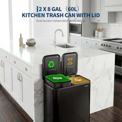 2x8 Gal Dual Compartment Stainless Steel Kitchen Trash Can with Lid, 30L+30L Recycling Garbage Bin, Soft Close Foot Pedal Trash Bin with 2 Removable Inner Buckets, Fingerprint Resistant for Home Offic - color: Black, size: 2x8 Gal