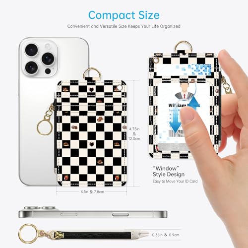 2-in-1 ID Badge Holder & Lanyard Wallet，Cute Zippered Pouch Checkered - color: Black and White Checkered