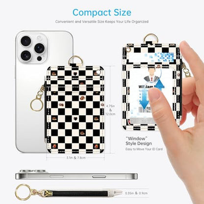 2-in-1 ID Badge Holder & Lanyard Wallet，Cute Zippered Pouch Checkered - color: Black and White Checkered