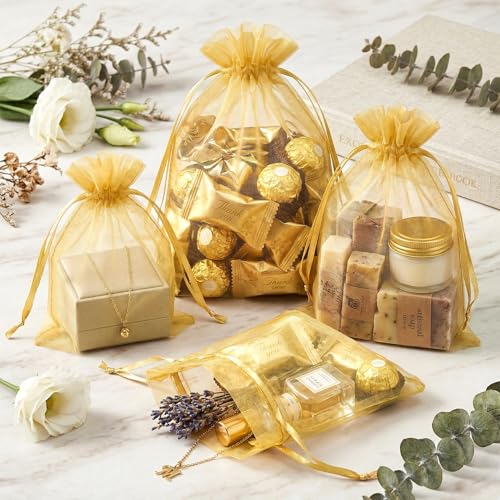 FUNFERY 100Pcs Gold Organza Bags 5x7 in,Small Mesh Drawstring Gift Bag - color: Gold