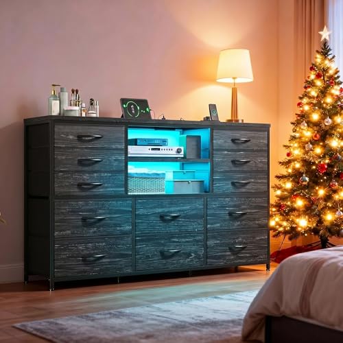 EnHomee Dresser for Bedroom with LED Lights & Charging Station - color: Black