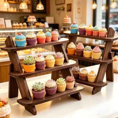 Wooden Display Stand, Tiered Cupcake Stand, 3 Tier Display Stand Riser - color: 2Pcs-Walnut-3Tier