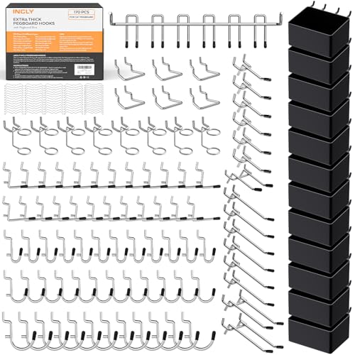 INCLY 170PCS 1/4 Inch Pegboard Hooks Kit with Bins & Peg Locks - size: 170PCS