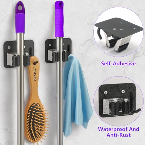 Broom Holder Wall Mount Rack, 304 Stainless Steel Mop and Tool Organizer - color: Black-Silver