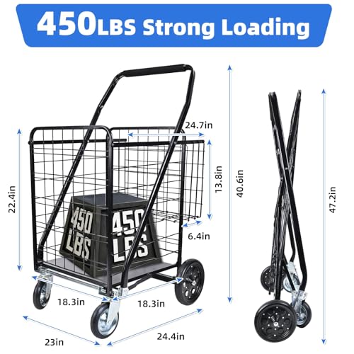 Folding Shopping Cart with Removable Waterproof Liner, 450LBS Capacity Grocery Cart with Dual Basket & 360° Swivel Wheels, 39.5 Gal Jumbo Heavy-Duty Cart Wagon for Grocery Shopping Laundry Transport - size: Jumbo+Bag