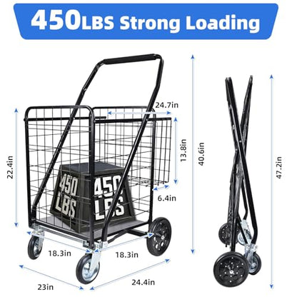 Folding Shopping Cart with Removable Waterproof Liner, 450LBS Capacity Grocery Cart with Dual Basket & 360° Swivel Wheels, 39.5 Gal Jumbo Heavy-Duty Cart Wagon for Grocery Shopping Laundry Transport - size: Jumbo+Bag