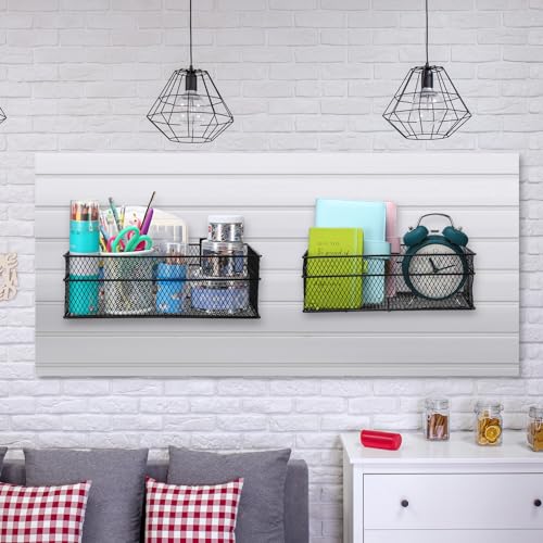 Barydat 4 Pcs Slatwall Basket Set Ventilated Metal Slatwall Basket Hanging Wire Bins Wall Mounted Accessories for Panel Garage Storage Display Organizing(Multi Size,Black)