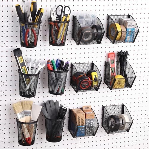 6 Set Pegboard Accessories Wall Organizer Peg Board Baskets and Cups Black Metal Pegboard Baskets and Wire Mesh Cup with Ring Hook Assortment Bin Holder for Organizing Storage Office Garage