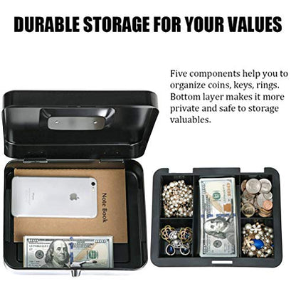 Cash Box with Money Tray, Parrency Large Money Box with Key Lock, 9.8 x 7.9 x 3.5 inches, Black - color: Black, size: Large（9.84")