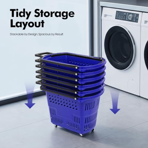 6PCS Rolling Shopping Carts with Wheels and Handles, 35L Portable Plastic Shopping Basket Set Grocery Cart for Supermarket, Retail Store, Bookstore, Laundry, Garage (Blue)