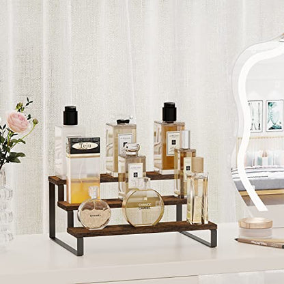 YINMIT Wooden Display Riser Stand, Tiered Perfume and Cologne Organizer Stand, 3 Tier Spice Rack Organizer, Rustic Display Shelf for Candles (3 Tier) - color: 3 Tier,1 Pack,Brown
