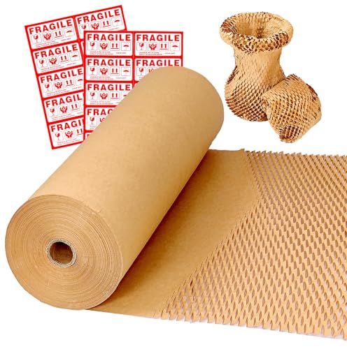 Honeycomb Packing Paper Wrap 15" x 250' Cushioning Packing Material for Moving Dishes Eco-Friendly Wrapping Paper for Glass Moving Protective Paper Bubble Wrap with 20 Fragile Stickers - size: 15" x 250 Ft