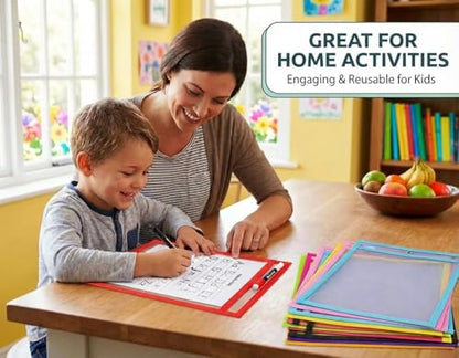 Dry Erase Pockets, 10 Pack Oversized 10 x 14 Reusable Sleeves for 8.5 x 11 Worksheets, Heavy Duty Clear Dry Erase Sheet Protectors with 10 Markers, Grommet & Loop for Classroom, Homeschool & Office