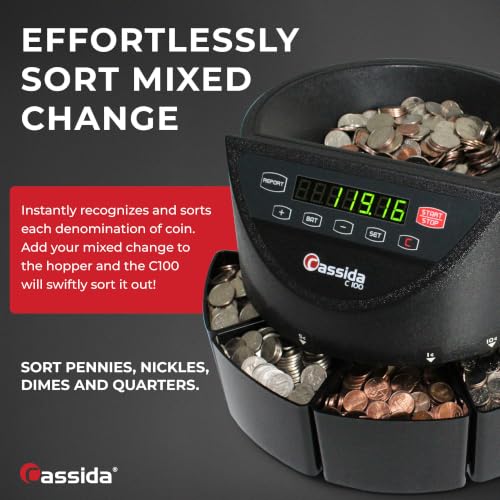 Cassida C100 Electronic Coin Sorter/Counter, Countable coins 1¢, 5¢, 10¢, 25¢, 250 coins/min, 110 VAC - size: Small (250 coins)