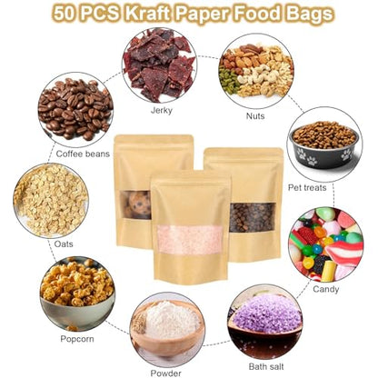 50 Pack Kraft Resealable Bags with Window for Storage (4.8 x 6.5 Inches) - size: 4.8 x 6.5 Inches