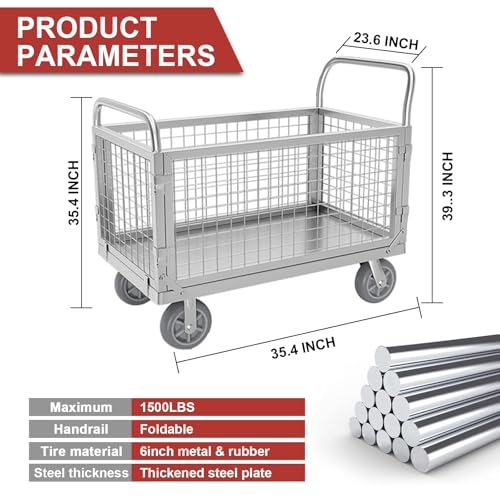 Folding Platform Truck Cart with Cage, Flat Cart with Wheels and Handle, Flat Bed Dolly Can Load 1500 Pounds, Flat Rolling Cart with 6In Swivel Heavy Duty Brake Caster (35.4 inches in length)