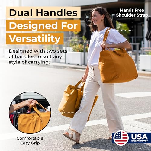 VeraMia Canvas Grocery Bag 3pc XL Set with Real Pockets, Long Shoulder Strap and Short Handle. Heavy Duty, Foldable, Washable - color: Butterscotch