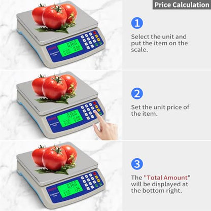 Large Digital Kitchen Scale 22LB Commercial Scale for Food Baking Bread Cooking Meat,Stainless Steel Price Computing Scale with LCD Display,Prep Counting Scale for Parts and Coins,Adapter Included - color: milky