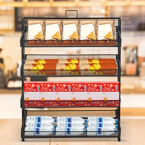 4 Tiers Retail Display Stand, Retail Candy Display Rack, Chip Rack Display Stand, Snack Organizer, Countertop Display Candy Snacks Rack, Snack Shelf for Stores, Office, Bakery, Supremarket (Black)