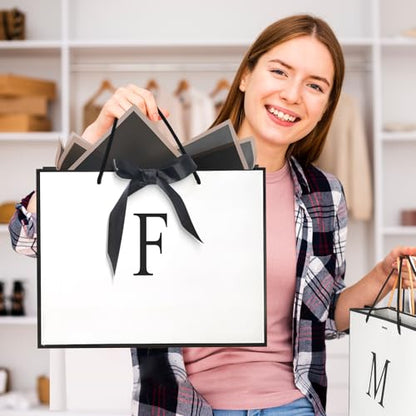 QLSKO Monogrammed Gift Wrap Bag Personalized Initial Paper Bag with Card Matching Envelope Sticker,Bow Ribbon and Wrapping Tissue Birthday Gifts for Women Men (White, F-Medium) - size: F--Medium