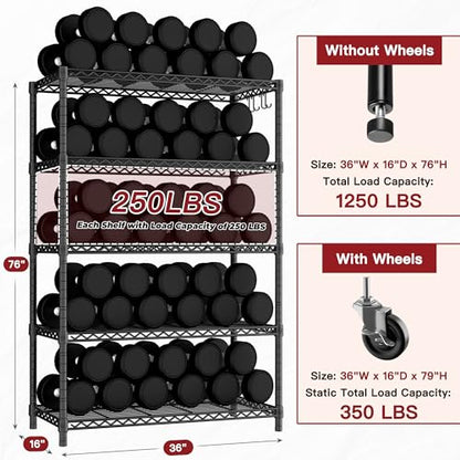 PrimeZone 36"W x 16"D x 79"H Wire Shelving with Wheels, 5-tier Metal Shelf - size: 36"W x 16"D x 79"H
