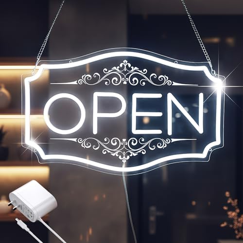 Open Sign for Business, LED Dimmable Neon Open Sign with 12V/2A Adapter, 16.5" x 10.5", White, Bright LED Visibility to Light Up Window, Wall, Bar, Coffee, Salon and Store - color: White, size: 16.5" X 10.5"