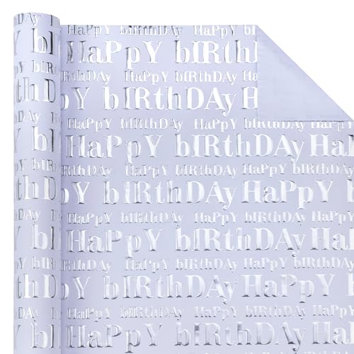 WRAPAHOLIC 3D Kraft Birthday Wrapping Paper Roll - Mini Roll - 17 Inch x 16.5 Feet - Silver and White Happy Birthday Lettering Design with Embossed Perfect for Holiday, Party Celebration - color: White & Silver Happy Birthday, size: 17 inch x 16.5 feet