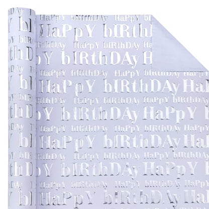 WRAPAHOLIC 3D Kraft Birthday Wrapping Paper Roll - Mini Roll - 17 Inch x 16.5 Feet - Silver and White Happy Birthday Lettering Design with Embossed Perfect for Holiday, Party Celebration - color: White & Silver Happy Birthday, size: 17 inch x 16.5 feet