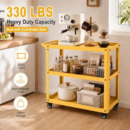 3 Tier Metal Utility Rolling Cart with Wheels, Yellow - color: Yellow