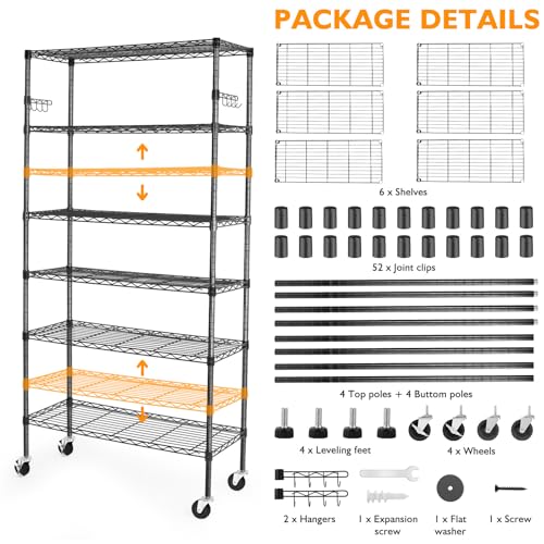 BolDuck 6 Tier Storage Shelves with Wheels, 2100lbs Capacity Heavy Duty Shelving Units, 14x36x75inch Adjustable Metal Shelf Wire Shelving Rack for Garage, Kitchen, Office, Black - size: 6 Tier Shelf