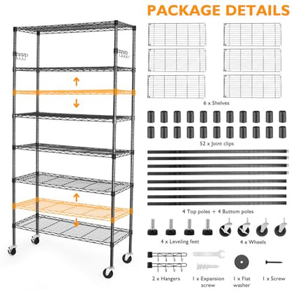 BolDuck 6 Tier Storage Shelves with Wheels, 2100lbs Capacity Heavy Duty Shelving Units, 14x36x75inch Adjustable Metal Shelf Wire Shelving Rack for Garage, Kitchen, Office, Black - size: 6 Tier Shelf
