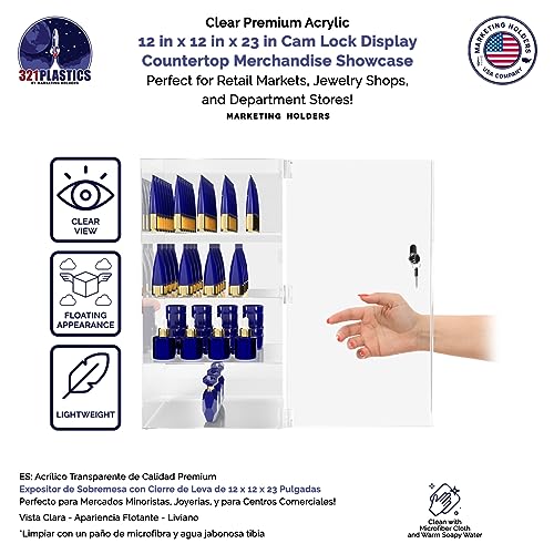 Marketing Holders Acrylic Locking Vertical Cabinet with Keys 12" x 12" x 23" Clear Tall Countertop Locker One Piece No Assembly Cupboard with Swinging Door for Retail Merchandise - size: 12" x 12" x 23"
