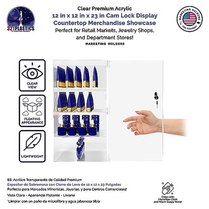 Marketing Holders Acrylic Locking Vertical Cabinet with Keys 12" x 12" x 23" Clear Tall Countertop Locker One Piece No Assembly Cupboard with Swinging Door for Retail Merchandise - size: 12" x 12" x 23"