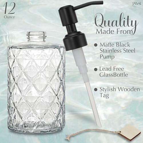 JASAI Diamond Design 12 Oz Glass Soap Dispenser with Black Pump - color: Clearglass-black Pump, style: Diamond