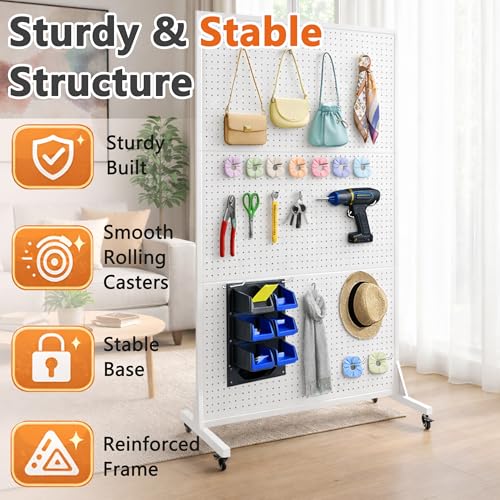 Royxen 70 x 44 Inch Metal Pegboard with 40 Hooks, Large Standing Pegboard Display with T-Base, Peg Board Display Stand with Wheels, Art Display Stand for Retail Stores Exhibitions Homes (White) - color: White