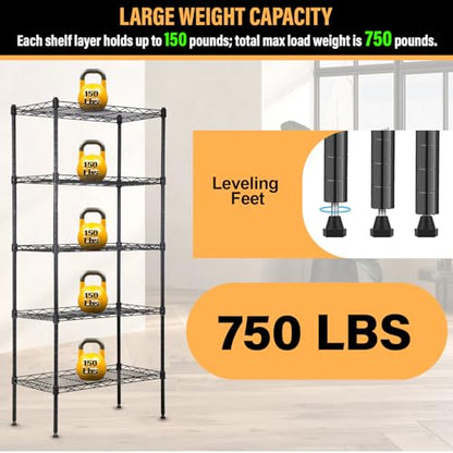 FDW | 5-Tier Wire Shelf | 21" x 11" x 48" | Black - color: Black, size: 5-Shelf No Wheels