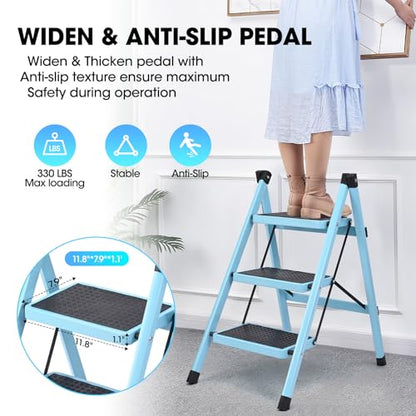 3 Step Ladder, Folding Step Stool for Adults, Lightweight Aluminum Step Ladder, Portable 330 LBS Capacity Ladders for Home Kitchen Library Office, Small Step Stools with Anti-Slip Wide Pedals, Blue