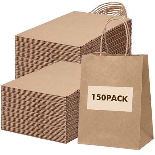 OUTUXED 150pcs Brown Paper Bags, 8x4x10 Kraft Paper Gift Bags with Handles - color: Brown 8x4x10in, size: 1 Count (Pack of 150)