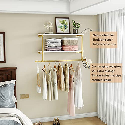 Gold Wall Mounted Clothes Rack with 2 Tier Shelves, 42" Long, Heavy Duty Iron and Wood Construction, Ideal for Clothes, Laundry Room - color: Gold, size: 42"L