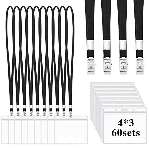 60 Pack Clear Id Badge Holders with Black Lanyards, Horizontal - color: 60pcs Black