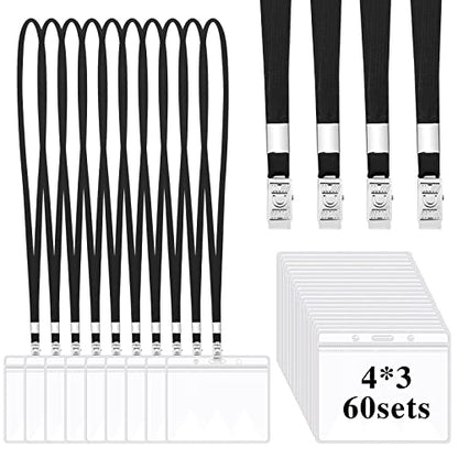 60 Pack Clear Id Badge Holders with Black Lanyards, Horizontal - color: 60pcs Black
