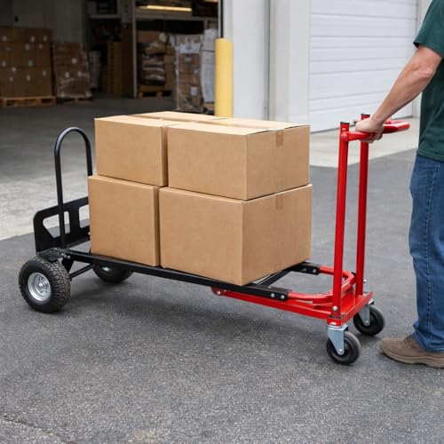 Red Convertible Hand Truck Dolly Cart with 4 Wheels Heavy Duty,1000 Lbs Capacity, 2 Straps for Moving Furniture/Appliance/Carton/Warehouse/Office/Easy to Follow Video to Install - color: Red
