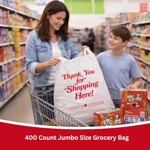 Jumbo Thank You Plastic T-Shirt Bags with Handles, 400 Count, 20 Micron Heavy Duty Grocery & Retail Bags, Large White Carryout Bags, 18" x 7" x 32", for Stores, Takeout & Shopping