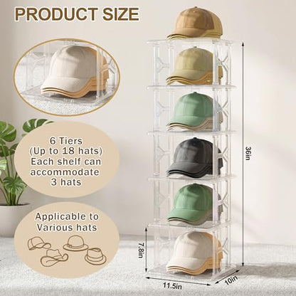 6 Tier Hat Organizer Box (Up to 18 Hats), Stackable Clear Hat Rack Display