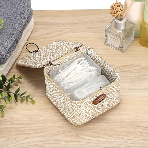 Hipiwe Handwoen Seagrass Basket with Lid Mini Woven Wicker Box,3.5"x3.5"x2" - color: Whitewash color, size: 3.5" x 3.5" x 2"
