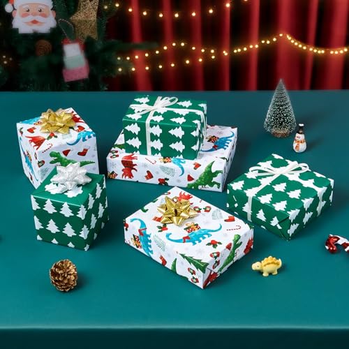 WERNNSAI Dinosaur Christmas Wrapping Paper Jumbo Roll 33 ft Green Dino Kids - color: Christmas Dinosaur C